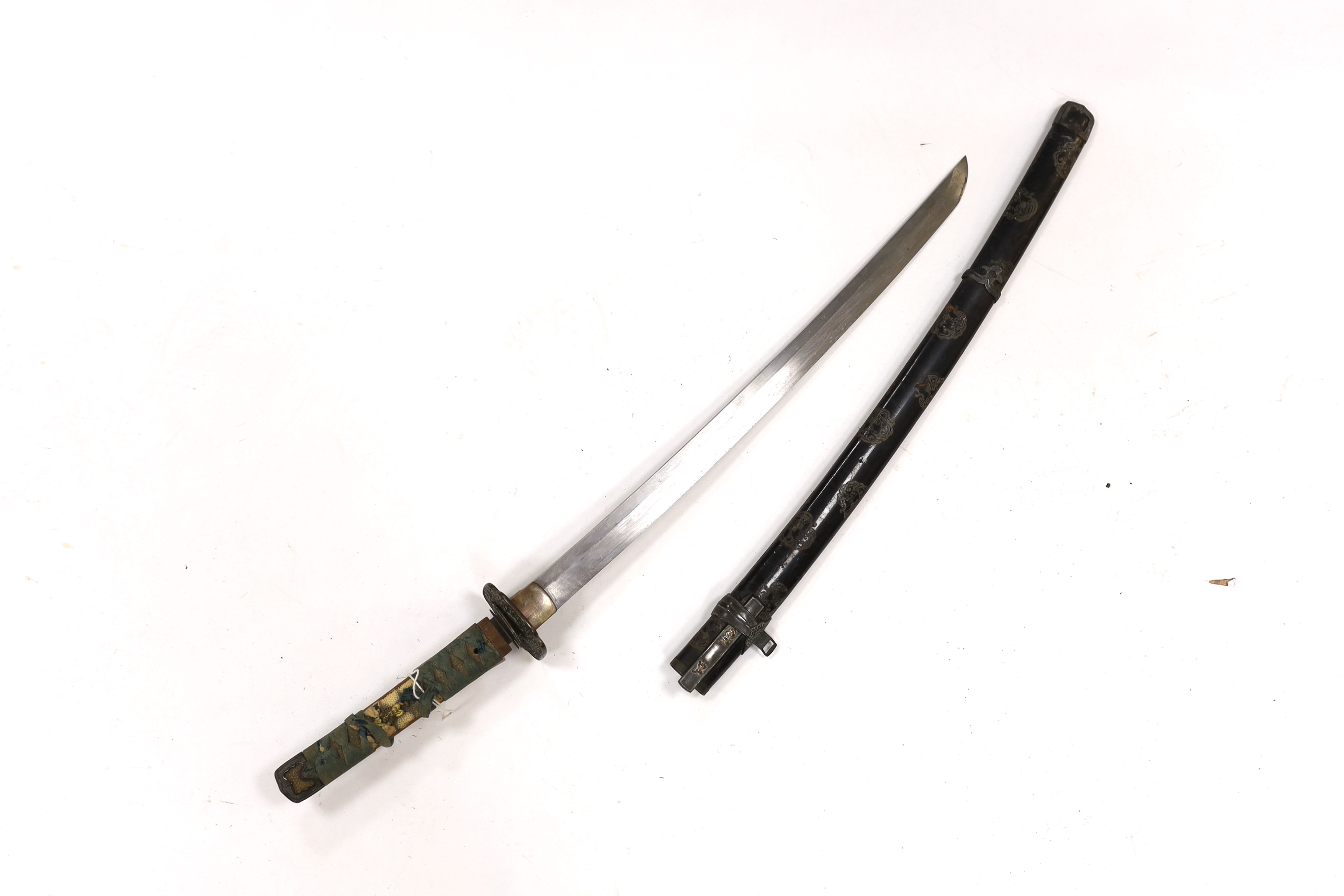 A 19th century Japanese katana with signature to the tang, with chiselled bronze tsuba and gilt metal menuki, and six various knives, blade 57cm